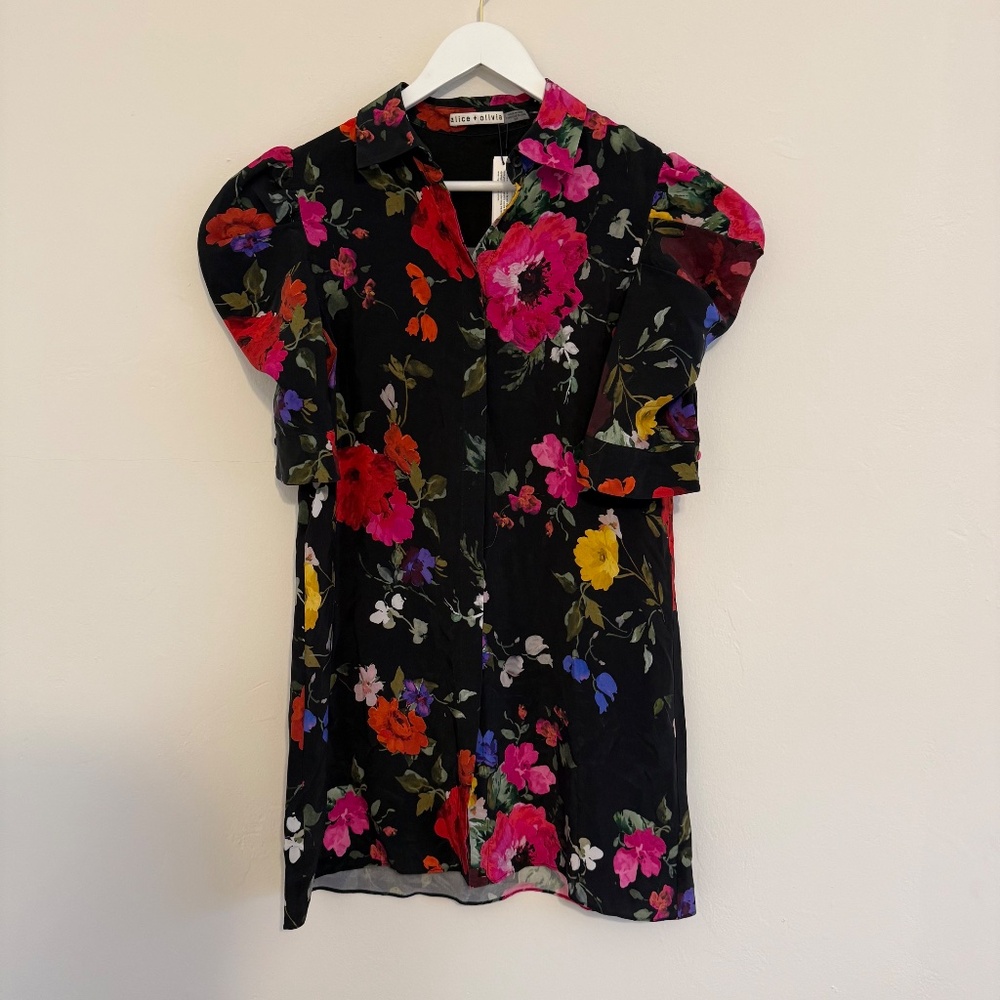 Alice + Olivia Womens Jem Puff Sleeve Multicolor Floral Shirtdress Small - Picture 2 of 12